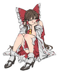 Rule 34 | 1girl, ascot, bare shoulders, black footwear, bow, brown eyes, brown hair, closed mouth, colored skin, detached sleeves, full body, hair bow, hakurei reimu, high heels, highres, jitome, long sleeves, mary janes, pigeon-toed, red bow, red skin, ruukii drift, shoes, simple background, sitting, socks, solo, touhou, white background, white socks, yellow ascot
