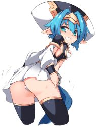 Rule 34 | 1girl, ass, black thighhighs, blue hair, blush, breasts, cowboy shot, cropped legs, green eyes, grin, hair between eyes, hat, hellmatio, karukan (monjya), long sleeves, looking at viewer, looking back, panties, pleated skirt, pointy ears, puffy long sleeves, puffy sleeves, shinrabanshou, sidelocks, simple background, skirt, small breasts, smile, solo, thick eyebrows, thighhighs, underwear, white background, white hat, white panties, white skirt