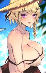 Rule 34 | 1girl, arknights, arm under breasts, bare shoulders, bikini, blonde hair, blue sky, blush, braid, breasts, cleavage, cloud, collarbone, commentary request, day, hair ornament, hairclip, hat, highres, kyuu (plastic night q), large breasts, long hair, looking at viewer, outdoors, purple eyes, single braid, sky, solo, strap slip, straw hat, striped bikini, striped clothes, swimsuit, tongue, tongue out, utage (arknights), utage (summer flowers) (arknights), vertical-striped bikini, vertical-striped clothes, x hair ornament, yellow hat