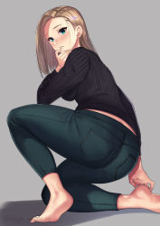 Rule 34 | 1girl, absurdres, aqua eyes, arched soles, ass, back, barefoot, black sweater, blonde hair, breasts, butt crack, denim, duplicate, feet, fine fabric emphasis, from behind, from below, green pants, grey background, hand up, highres, holding own foot, kagematsuri, long hair, long sleeves, looking at viewer, looking back, lowleg, lowleg pants, medium breasts, midriff peek, original, pants, pantylines, parted hair, parted lips, pocket, ribbed sweater, shadow, soles, solo, squatting, sweater, toes, twitter username, watermark