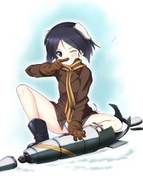 Rule 34 | 10s, 1girl, a9b (louis814), absurdres, animal ears, bandaid, black eyes, black hair, boots, brave witches, dog ears, gloves, highres, jacket, kanno naoe, no pants, one eye closed, panties, scarf, short hair, sitting, smile, solo, spread legs, striker unit, tail, underwear, white panties, world witches series
