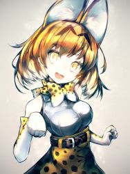 Rule 34 | 10s, 1girl, :d, animal ears, animal print, bare shoulders, belt, belt buckle, blonde hair, bow, bowtie, breasts, brown dress, brown gloves, buckle, cross-laced clothes, dress, elbow gloves, fang, gloves, hands up, high-waist skirt, highres, kemono friends, kusakanmuri, medium breasts, open mouth, paw pose, serval (kemono friends), serval print, shirt, short dress, short hair, skirt, sleeveless, sleeveless shirt, smile, solo, standing, tail, upper body, white gloves, white shirt, yellow bow, yellow bowtie, yellow eyes