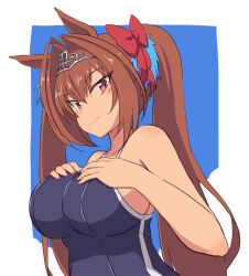Rule 34 | 1girl, animal ears, bare arms, bare shoulders, blue background, blue one-piece swimsuit, blush, bow, breasts, brown hair, closed mouth, commentary request, daiwa scarlet (umamusume), fang, fang out, hair between eyes, hair bow, hair intakes, hands up, horse ears, kugui kiyunemu, large breasts, long hair, looking at viewer, one-piece swimsuit, red bow, red eyes, smile, solo, swimsuit, tiara, twintails, two-tone background, umamusume, very long hair, white background
