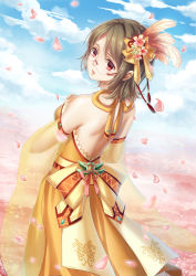 Rule 34 | 1girl, absurdres, blue sky, bow, breasts, brown hair, cherry blossoms, cloud, day, detached sleeves, dress, feather hair ornament, feathers, from behind, glasses, hair bow, hair ornament, highres, looking at viewer, looking back, medium breasts, mikuni romance, open mouth, outdoors, red eyes, rimless eyewear, sangoku romance, see-through, sky, sleeveless, sleeveless dress, solo, standing, white feathers, yellow bow, yellow dress