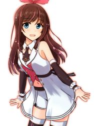 Rule 34 | 1girl, :d, bare shoulders, blue eyes, brown hair, cowboy shot, detached sleeves, hairband, kizuna ai, kizuna ai (elegant), kizuna ai inc., long hair, looking at viewer, mashayuki, multicolored hair, open mouth, pink hair, pink hairband, ribbon, simple background, smile, solo, streaked hair, virtual youtuber, white background