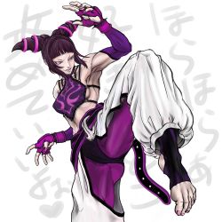 Rule 34 | 1girl, 909, bad anatomy, baggy pants, barefoot, belt, bracelet, capcom, chinese clothes, drill hair, dudou, feet, fighting stance, fingerless gloves, gloves, halterneck, han juri, jewelry, muscular, nail polish, pants, purple eyes, simple background, solo, spiked bracelet, spikes, stirrup legwear, street fighter, street fighter iv (series), tank top, toeless legwear, toenail polish, toenails, toes, twin drills