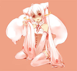 Rule 34 | 10s, 1girl, animal ears, detached sleeves, gradient hair, kyubey, long hair, lowres, mahou shoujo madoka magica, mahou shoujo madoka magica (anime), multicolored hair, personification, pink hair, red eyes, ribbon, simple background, sitting, solo, tail, thighhighs, tot (zhxto), twintails, wariza, white hair, white thighhighs, zettai ryouiki
