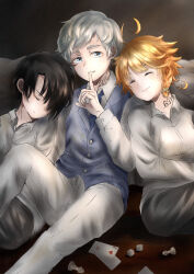 Rule 34 | 1girl, 2boys, absurdres, black hair, black pants, blue eyes, blue necktie, blue vest, card, chess piece, closed eyes, closed mouth, collared shirt, dice, emma (yakusoku no neverland), finger to mouth, highres, multiple boys, neck tattoo, necktie, norman (yakusoku no neverland), number tattoo, orange hair, pants, pawn (chess), playing card, r1014-chopper, ray (yakusoku no neverland), shirt, shushing, sitting, sleeping, tattoo, vest, white hair, white pants, white shirt, yakusoku no neverland