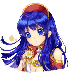 Rule 34 | 1girl, bare shoulders, blue eyes, blue hair, blush, closed mouth, collarbone, dress, fire emblem, fire emblem: the binding blade, fire emblem heroes, flower, hand up, hat, head tilt, holding, holding flower, jacket, jurge, lilina (fire emblem), long hair, looking at viewer, nintendo, open clothes, open jacket, red hat, red jacket, simple background, smile, solo, upper body, white background, white flower