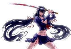 Rule 34 | 10s, 1girl, angry, black hair, blood, blood-c, blood-c the last dark, highres, katana, kisaragi saya, long hair, midriff, navel, over shoulder, pleated skirt, red eyes, school uniform, skirt, solo, sword, torn clothes, twintails, very long hair, weapon, weapon over shoulder, white background, zhen long