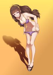 Rule 34 | 1girl, absurdres, amanogawa kirara, bad id, bad pixiv id, bikini, breasts, brown hair, collarbone, feet, go! princess precure, gradient background, hairband, heart, heart-shaped pupils, highres, huai diao de zongzi, jewelry, lips, long hair, looking at viewer, medium breasts, nail polish, navel, necklace, orange background, precure, purple bikini, purple eyes, sandals, shadow, smile, solo, star (symbol), swimsuit, symbol-shaped pupils, toes, twintails, undressing, yellow background, yellow nails