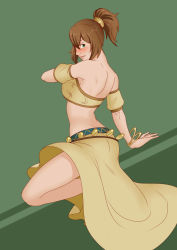 Rule 34 | 1girl, absurdres, arabian clothes, back, blush, bracelet, breasts, brown hair, dancer, dancing, female focus, full body, green background, green eyes, highres, jewelry, large breasts, lips, long skirt, looking at viewer, looking back, midriff, octopath traveler, octopath traveler i, oo sebastian oo, parted lips, ponytail, revealing clothes, short hair, skirt, smile, solo, strapless, tressa (octopath traveler), tube top