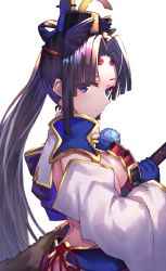 Rule 34 | 1girl, absurdres, armor, black hair, blue eyes, blue gloves, blush, breast curtains, breasts, commentary request, detached sleeves, fate/grand order, fate (series), feathers, from side, gloves, hair ornament, hat, highres, holding, holding sword, holding weapon, japanese armor, katana, long hair, looking at viewer, medium breasts, parted bangs, revealing clothes, side ponytail, simple background, solo, sword, tate eboshi, ushiwakamaru (fate), very long hair, weapon, white sleeves, wide sleeves, yuuki nao (pixiv10696483)