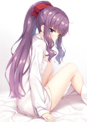 Rule 34 | 1girl, bare legs, bed sheet, blue eyes, blush, brown ribbon, collared shirt, commentary request, dress shirt, from side, hair ribbon, hand on own chest, highres, long hair, looking at viewer, looking back, naked shirt, new game!, ponytail, purple hair, revision, ribbon, shirt, sidelocks, sitting, sleeves past wrists, solo, takimoto hifumi, thighs, tomifumi, wavy hair, white shirt