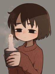 Rule 34 | 1girl, black eyes, black hair, cup, grey background, highres, holding, holding cup, long sleeves, original, red sweater, ribbed sweater, short hair, simple background, slime (creature), smile, solo, steam, sweater, takurada, upper body