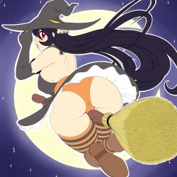 Rule 34 | 1girl, absurdres, adjusting clothes, adjusting headwear, ass, backless outfit, between legs, black hair, boots, broom, broom riding, cameltoe, elbow gloves, filia (skullgirls), full moon, gloves, halloween, halloween costume, hat, highres, long hair, looking back, moon, pink lips, pursed lips, red eyes, redboard, samson (skullgirls), skirt, skullgirls, solo, star (sky), striped clothes, striped thighhighs, thighhighs, upskirt, witch, witch hat