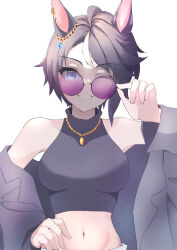 Rule 34 | 1girl, absurdres, adjusting eyewear, alternate costume, animal ears, black jacket, breasts, commentary request, ear ornament, ear piercing, fuji kiseki (umamusume), gold necklace, grin, hands on own stomach, highres, horse ears, horse girl, jacket, jacket partially removed, jewelry, kamisori maguro, large breasts, midriff, multicolored hair, navel, necklace, one eye closed, piercing, round eyewear, short hair, simple background, sleeveless, sleeveless sweater, smile, solo, streaked hair, sunglasses, sweater, teeth, umamusume, upper body, white background, white hair