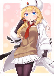 Rule 34 | 1girl, :o, black gloves, blonde hair, blue eyes, blush, breasts, brown pantyhose, brown sweater, coat, commentary request, flying sweatdrops, fur-trimmed jacket, fur-trimmed sleeves, fur hat, fur trim, girls&#039; frontline, gloves, hair between eyes, hand up, harada (sansei rain), hat, highres, jacket, long sleeves, looking at viewer, medium breasts, mod3 (girls&#039; frontline), mosin-nagant (girls&#039; frontline), mosin-nagant (mod3) (girls&#039; frontline), necktie, open clothes, open coat, pantyhose, parted lips, pleated skirt, red necktie, red star, ribbed sweater, skirt, solo, star (symbol), sweat, sweater, white coat, white hat, white skirt