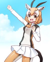 Rule 34 | 10s, 1girl, :d, animal ears, ascot, bad id, bad twitter id, blue sky, brown eyes, collared shirt, commentary request, cowboy shot, day, hand up, horns, kemono friends, looking at viewer, multicolored hair, open mouth, orange ascot, orange hair, pantyhose, pleated skirt, shirt, skirt, sky, smile, solo, standing, tail, thomson&#039;s gazelle (kemono friends), totokichi, white skirt, wing collar