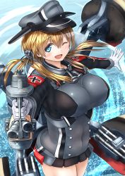 Rule 34 | 10s, 1girl, ;d, anchor hair ornament, bad id, bad pixiv id, black skirt, blonde hair, blue eyes, blush, breasts, covered navel, cross, gloves, hair ornament, hat, iron cross, kantai collection, large breasts, long hair, machinery, microskirt, military, military uniform, one eye closed, open mouth, peaked cap, prinz eugen (kancolle), skirt, smile, solo, sparkle, takahashi rodemu, turret, twintails, uniform, white gloves