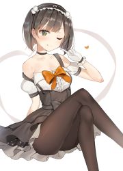 Rule 34 | 1girl, ;q, absurdres, bad id, bad twitter id, black hair, bow, bowtie, breasts, brown pantyhose, brown skirt, choker, cleavage, clothing cutout, collarbone, crossed legs, gloves, green eyes, hairband, hakari kanna, high-waist skirt, highres, invisible chair, kanna channel, lolita hairband, looking at viewer, medium breasts, off shoulder, one eye closed, orange bow, pantyhose, sabet (young ouo), short hair, short sleeves, shoulder cutout, sitting, skirt, solo, suspender skirt, suspenders, tongue, tongue out, white background, white gloves
