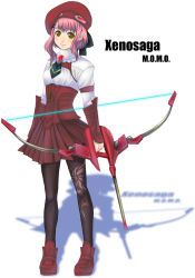 Rule 34 | 00s, 1girl, bad id, bad pixiv id, beret, blush, bow, bow (weapon), breasts, happy, hat, holding, holding bow (ornament), holding weapon, legs, looking at viewer, m.o.m.o., ohse, pantyhose, pink hair, pleated skirt, ribbon, shadow, shoes, short hair, skirt, smile, solo, standing, text focus, weapon, xenosaga, xenosaga episode iii, yellow eyes