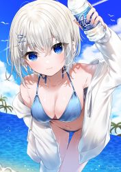 Rule 34 | 1girl, arm up, armpit crease, armpits, bare shoulders, bikini, blue bikini, blue eyes, blue sky, blush, bottle, breasts, cleavage, closed mouth, contrail, day, drawstring, hair between eyes, hair ornament, hairclip, halterneck, halterneck, highres, holding, holding bottle, jacket, leaning forward, long sleeves, looking at viewer, mafuyu (chibi21), medium breasts, ocean, off shoulder, open clothes, open jacket, original, outdoors, short hair, sky, smile, solo, standing, swimsuit, thigh gap, water bottle, wet, wet clothes, wet swimsuit, white hair, white jacket