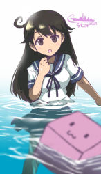 Rule 34 | 10s, 1girl, ahoge, black hair, blurry, brown eyes, character name, depth of field, kantai collection, long hair, looking at viewer, neckerchief, partially submerged, pleated skirt, sailor collar, satomura kyou, school uniform, serafuku, skirt, solo, ushio (kancolle), water