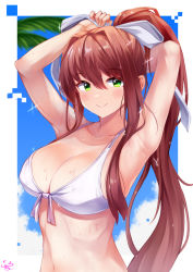 Rule 34 | 1girl, armpits, arms up, bare arms, bare shoulders, bikini, bow, breasts, brown hair, cleavage, collarbone, doki doki literature club, front-tie bikini top, front-tie top, green eyes, hair bow, hair intakes, irohara, large breasts, long hair, looking at viewer, monika (doki doki literature club), navel, ponytail, sidelocks, smile, solo, stomach, swimsuit, upper body, very long hair, wet, white bikini