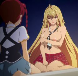 Rule 34 | 2girls, bed, blonde hair, blush, breasts, embarrassed, large breasts, looking at another, multiple girls, necktie, pink hair, purple eyes, screencap, shikishima mirei, sitting, skirt, tokonome mamori, topless, valkyrie drive, valkyrie drive -mermaid-, yuri