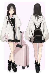 Rule 34 | 1girl, ama mitsuki, backpack, bag, bare legs, black bag, black footwear, black hair, black skirt, black sweater, border, brown eyes, closed mouth, collared shirt, commentary, from behind, full body, hand up, high heels, highres, hood, hooded jacket, jacket, loafers, long hair, long sleeves, multiple views, open clothes, open jacket, original, outside border, pink background, platform footwear, pleated skirt, rolling suitcase, shirt, shoes, sidelocks, simple background, skirt, sleeves past fingers, sleeves past wrists, standing, stuffed toy, suitcase, sweater, white background, white border, white jacket