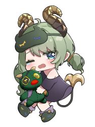Rule 34 | 1girl, absurdres, ahoge, black shirt, blue eyes, blush, brown horns, chibi, commentary, curled horns, demon girl, demon horns, demon tail, full body, green footwear, grey socks, highres, holding, holding stuffed toy, horns, looking at viewer, low twintails, medium bangs, medium hair, nanashi inc., off shoulder, one eye closed, open mouth, sekishiro mico, shirt, simple background, sleep mask, slippers, socks, solo, stuffed demon, stuffed toy, tail, tamotsu (mary), twintails, virtual youtuber, white background