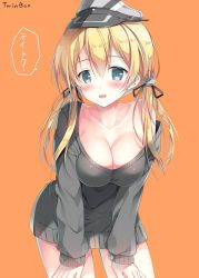 Rule 34 | 10s, 1girl, anchor hair ornament, aqua eyes, black ribbon, blonde hair, blush, breasts, cleavage, collarbone, commentary request, cross, dress, hair ornament, hands on own thighs, hat, iron cross, kantai collection, large breasts, leaning forward, long hair, long sleeves, looking at viewer, low twintails, off shoulder, open mouth, orange background, peaked cap, prinz eugen (kancolle), ribbon, simple background, smile, solo, sousouman, sweater, sweater dress, text focus, translated, twintails