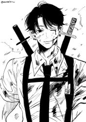 Rule 34 | 1boy, black hair, black necktie, bleeding, blood, blood on clothes, blood on face, bloody tears, chainsaw man, chest belt, collared shirt, ear piercing, greyscale, highres, holding, holding sword, holding weapon, injury, katana, kishibe (chainsaw man), kishibe (young) (chainsaw man), looking at viewer, mmmiaa, monochrome, necktie, one eye closed, piercing, scar, scar on face, shirt, short hair, simple background, sleeves rolled up, solo, sword, weapon, white background, white shirt