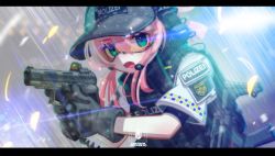 Rule 34 | abstract background, absurdres, black vest, bulletproof vest, commentary request, finger on trigger, germany, gloves, goggles, green eyes, grey gloves, grey headwear, gun, h&amp;k mp5, hair between eyes, handgun, hat, headphones, highres, holding, holding gun, holding weapon, iwasawayuki, letterboxed, long hair, looking at viewer, microphone, open mouth, original, pink hair, pistol, police, police uniform, rain, scope, short sleeves, sidelocks, submachine gun, uniform, upper body, vest, walther, walther p99, weapon