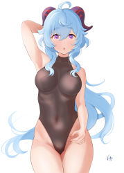 Rule 34 | 1girl, :o, ahoge, arm up, armpits, blue hair, blush, bodysuit, breasts, covered navel, ganyu (genshin impact), genshin impact, highres, horns, island lagoon, long hair, looking at viewer, medium breasts, open mouth, purple eyes, sidelocks, signature, solo, standing, thighs, white background