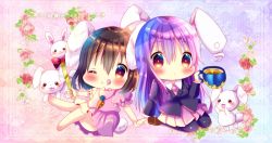 Rule 34 | 2girls, ;q, animal ears, arm up, barefoot, blue background, blue legwear, blush, brown footwear, brown hair, carrot necklace, chibi, chocolat (momoiro piano), cup, dress, flower, gem, gradient background, hair between eyes, holding, holding cup, inaba tewi, jacket, jewelry, lace background, leaning back, leg lift, light purple hair, long hair, multiple girls, necklace, necktie, one eye closed, own hands together, pantyhose, pearl (gemstone), pink background, pink dress, pink flower, pink neckwear, pink rose, rabbit, rabbit ears, rabbit girl, rabbit tail, red eyes, red flower, red rose, reisen udongein inaba, rose, shirt, short hair, sitting, suit jacket, tail, tongue, tongue out, touhou, very long hair, wand, wariza, white shirt, wing collar