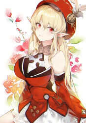 Rule 34 | 1girl, aged up, bare shoulders, beret, blonde hair, breasts, cowboy shot, detached sleeves, dress, floral background, flower, genshin impact, halter dress, halterneck, hat, kinokohime, klee (genshin impact), large breasts, long hair, long sleeves, looking at viewer, low twintails, pointy ears, red dress, red eyes, red flower, red hat, short dress, sidelocks, smile, solo, twintails, white background, wide sleeves