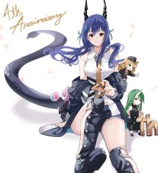 Rule 34 | 4girls, animal ears, anniversary, arknights, balloon, bare shoulders, belt, black jacket, black shorts, blue hair, blush, boots, breasts, ch&#039;en (arknights), clothes pull, collared shirt, commentary request, dragon girl, dragon horns, dragon tail, green eyes, green hair, hair between eyes, highres, holding, holding balloon, horns, hoshiguma (arknights), jacket, jacket pull, knee boots, knee up, lily0428, looking at viewer, medium breasts, mini person, minigirl, multiple girls, necktie, off shoulder, open clothes, open jacket, pink hair, red eyes, shirt, short shorts, shorts, single horn, size difference, skin-covered horns, sleeveless, sleeveless shirt, smile, solo focus, swire (arknights), tail, thighs, white shirt, yellow eyes, yellow necktie