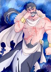 Rule 34 | 1boy, abs, absurdres, bara, beard, capelet, connected beard, facial hair, full beard, grey hair, hairy, highres, huge eyebrows, king, laancer (blovednight), large pectorals, looking at viewer, male focus, male pubic hair, mature male, merman, monster boy, multiple scars, muscular, muscular male, navel, navel hair, nipples, original, pectorals, pubic hair, royal robe, scar, solo, stomach, strongman waist, thick arm hair, thick beard, thick chest hair, thick navel hair, tiara, tsurime, underwater, very hairy, white capelet
