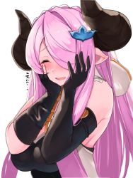 Rule 34 | asai makoto, asymmetrical gloves, black gloves, blush, braid, breasts, draph, elbow gloves, closed eyes, gloves, granblue fantasy, hair over one eye, hand on own face, highres, large breasts, light purple hair, long hair, low tied hair, narmaya (granblue fantasy), pointy ears, purple hair, single braid, sleeveless, solo, uneven gloves, white background