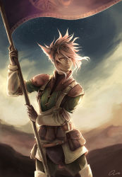 Rule 34 | 1girl, animal ears, brown eyes, cat ears, cat tail, closed mouth, commentary, facial mark, final fantasy, final fantasy xiv, flag, gloves, highres, holding, holding flag, m&#039;naago, onyrica, outdoors, pink hair, short hair, signature, solo, standing, tail, uniform, wind