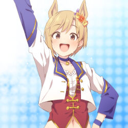 Rule 34 | 1girl, aiba yumi, animal ears, arm up, blue background, blurry, blurry background, blush, brown eyes, buttons, choker, collarbone, extra ears, flower, frills, hair flower, hair ornament, hand on own hip, horse ears, idolmaster, idolmaster cinderella girls, jacket, light brown hair, long sleeves, looking at viewer, navel, open mouth, polka dot, polka dot background, pun, red vest, revision, short hair, smile, solo, starting future (umamusume), sweat, uccow, umamusume, upper body, vest, white jacket