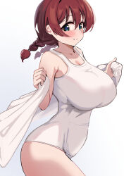 1girl blue_eyes braid breasts brown_hair cowboy_shot emma_verde freckles hair_between_eyes highres large_breasts long_hair looking_at_viewer love_live! love_live!_nijigasaki_high_school_idol_club one-piece_swimsuit pisagi revision school_swimsuit smile solo swimsuit towel twin_braids white_background white_one-piece_swimsuit white_towel