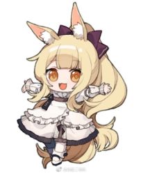 Rule 34 | 1girl, :3, :d, animal ear fluff, animal ears, arknights, baiwei er hao ji, blemishine (arknights), blemishine (elite ii) (arknights), blonde hair, bow, dress, full body, hair bow, horse ears, horse girl, horse tail, long hair, long sleeves, open mouth, orange eyes, outstretched arms, purple bow, shoes, sidelocks, simple background, smile, solo, tail, very long hair, weibo logo, weibo watermark, white background, white dress, white footwear, white legwear