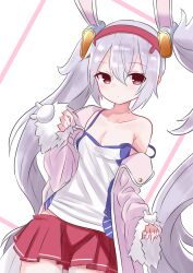Rule 34 | 1girl, animal ears, azur lane, blush, breasts, camisole, cleavage, closed mouth, cowboy shot, fake animal ears, fur-trimmed sleeves, fur trim, grey hair, hair between eyes, hairband, hand up, highres, jacket, laffey (azur lane), long hair, long sleeves, looking at viewer, off shoulder, open clothes, open jacket, pink jacket, pleated skirt, rabbit ears, red eyes, red hairband, red skirt, skirt, sleeves past wrists, small breasts, solo, standing, strap slip, twintails, very long hair, white background, white camisole, yojouhan 0000