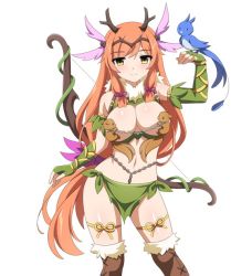 Rule 34 | 1girl, animal, bird, bow (weapon), breasts, forest spirit (sakura dungeon), game cg, horns, long hair, navel, sakura dungeon, shiny skin, weapon