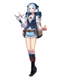 Rule 34 | 1girl, animal, backpack, bag, belt, bird, black footwear, blue gloves, blue hair, blue shorts, boots, closed mouth, female focus, fingerless gloves, fire emblem, fire emblem fates, fire emblem heroes, flora (fire emblem), food, frills, full body, gloves, grey eyes, hakou (barasensou), high heels, highres, holding, holding food, jewelry, knife, long hair, long sleeves, looking at viewer, nintendo, official art, parted lips, ribbon, sandwich, shorts, smile, solo, standing, transparent background, weapon