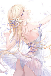 Rule 34 | 1girl, ass, backless dress, backless outfit, ballerina, bare arms, bare shoulders, blonde hair, blue eyes, blue ribbon, blush, breasts, commentary request, dress, flower, hair flower, hair ornament, hair ribbon, highres, leotard, long hair, original, parted lips, ribbon, see-through, simple background, small breasts, solo, strapless, strapless leotard, taya oco, very long hair, white background, white dress, white flower, white leotard