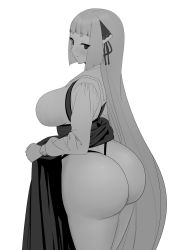 Rule 34 | 1girl, ass, blush, breasts, clothes lift, dress, dress lift, highres, huge ass, large breasts, long hair, long sleeves, momoko (shoutao), monochrome, original, presenting, shoutao, solo, thighs, thong